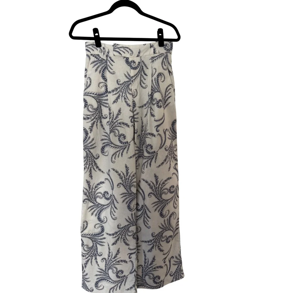 Banana Republic High Rise Linen Blend Paisley Wide Leg Pants 4 Coastal Resort